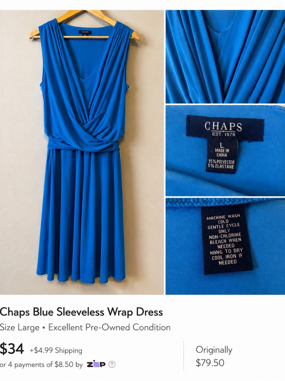 Chaps Blue Draped Faux Wrap Dress – Size Large
